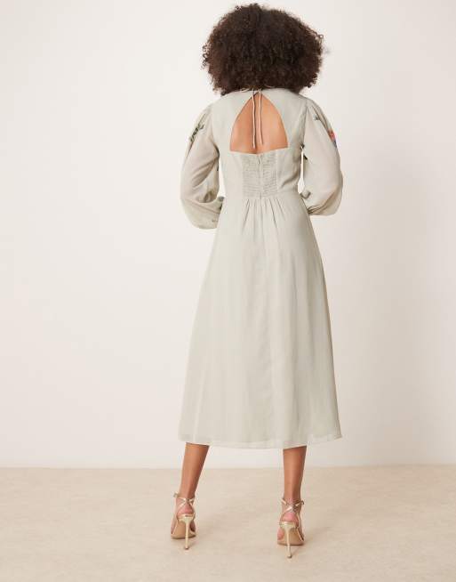 Hope & Ivy - Robe mi-longue brodée à encolure carrée et dos découvert - Sauge, 2 de 4