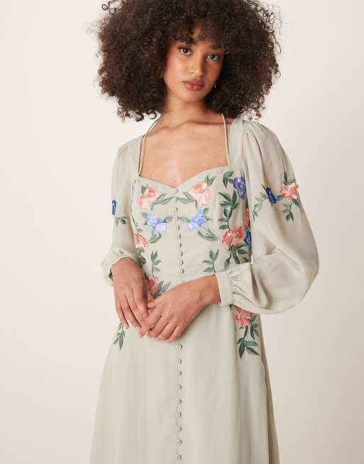 Hope & Ivy - Robe mi-longue brodée à encolure carrée et dos découvert - Sauge, 3 de 4