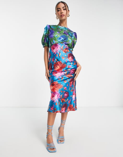 Hope & Ivy - Robe mi-longue satinée nouée au dos à imprimé fleuri contrastant