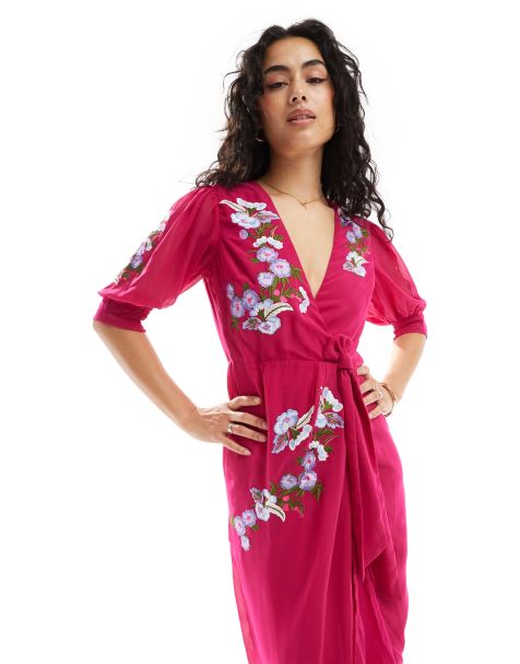 Hope & Ivy - Robe portefeuille longue à broderies multicolores - Rouge cerise - view 1