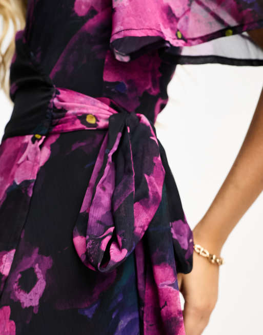 Hope & Ivy - Robe portefeuille longue à fleurs avec manches évasées - Violet, 3 de 4