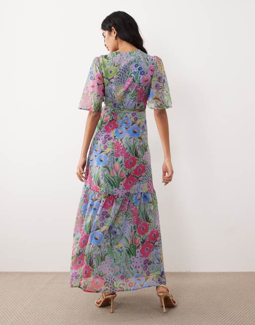 Hope & Ivy - Robe portefeuille longue à imprimé fleuri avec manches évasées et taille nouée - Lilas, 4 de 4