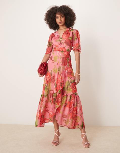 Hope & Ivy - Robe portefeuille longue à manches évasées et liens à la taille - Rouge multicolore - view 1