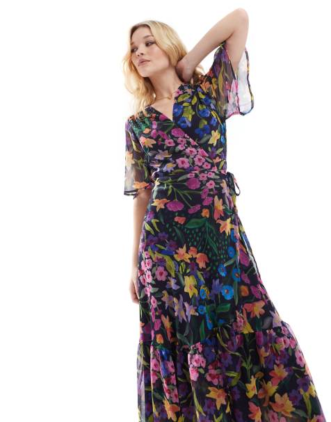 Hope & Ivy - Robe portefeuille longue à manches évasées et liens à la taille - Violet multicolore - view 1