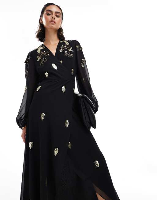 Hope & Ivy - Robe portefeuille longue à ornements dorés - Noir , 3 de 4