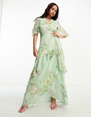 Hope & Ivy tiered ruffle wrap maxi dress in sage green - ASOS Price Checker