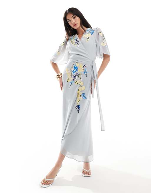 Hope & Ivy - Robe portefeuille longue de qualité supérieure à fleurs brodées - Gris clair