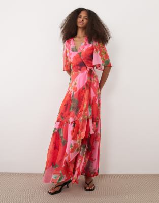 Hope & Ivy - Robe portefeuille longue imprimé floral avec manches évasées et taille nouée - Rose et rouge
