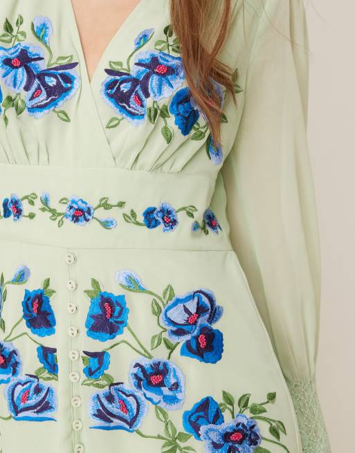 Hope & Ivy - Robe portefeuille mi-longue à broderies et manches transparentes - Vert menthe, 4 de 4
