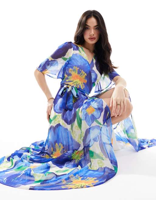 Hope & Ivy - Robe portefeuille mi-longue à imprimé fleuri et volants - Bleu/jaune