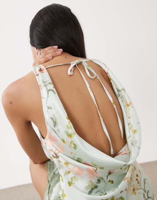 Hope & Ivy - Robe satinée mi-longue à imprimé fleuri avec col bénitier et bordures dentelle - Vert sauge, 3 de 4