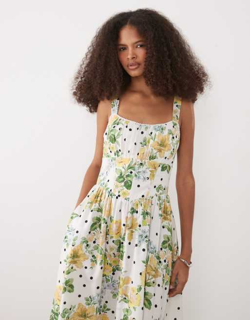 Hope & Ivy - Robe trapèze mi-longue style corset à bretelles - Blanc à pois et fleurs, 3 de 4