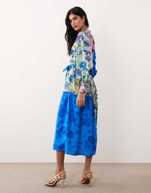Hope & Ivy - Roche chemise longueur mollet nouée à la taille - Bleu à fleurs variées, 4 de 4