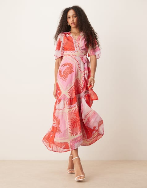 Hope & Ivy – Rosa, strandmönstrad maxiklänning med utsvängda ärmar och omlottdesign - view 1