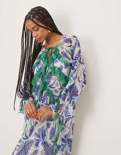 Hope & Ivy ruffle detail sheer midaxi dress in blue and white palm print