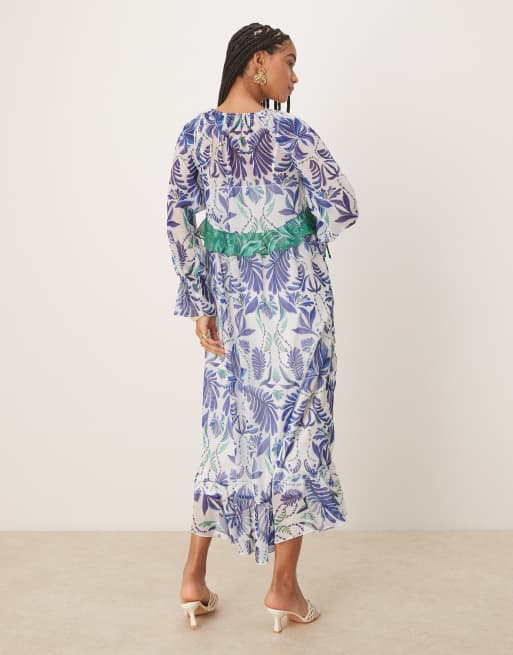 Hope & Ivy ruffle detail sheer midaxi dress in blue and white palm print