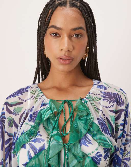 Hope & Ivy ruffle detail sheer midaxi dress in blue and white palm print