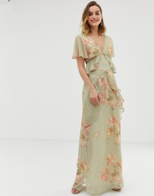 Hope & Ivy ruffle floaty maxi dress with open back in sage green floral ...