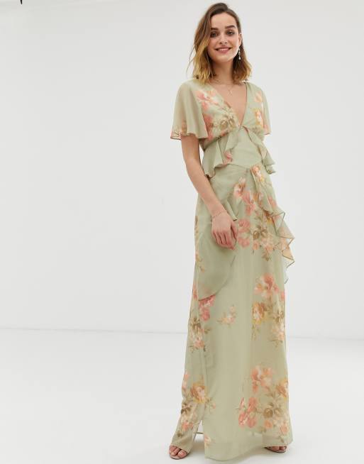 Hope Ivy ruffle floaty maxi dress  with open back in sage  