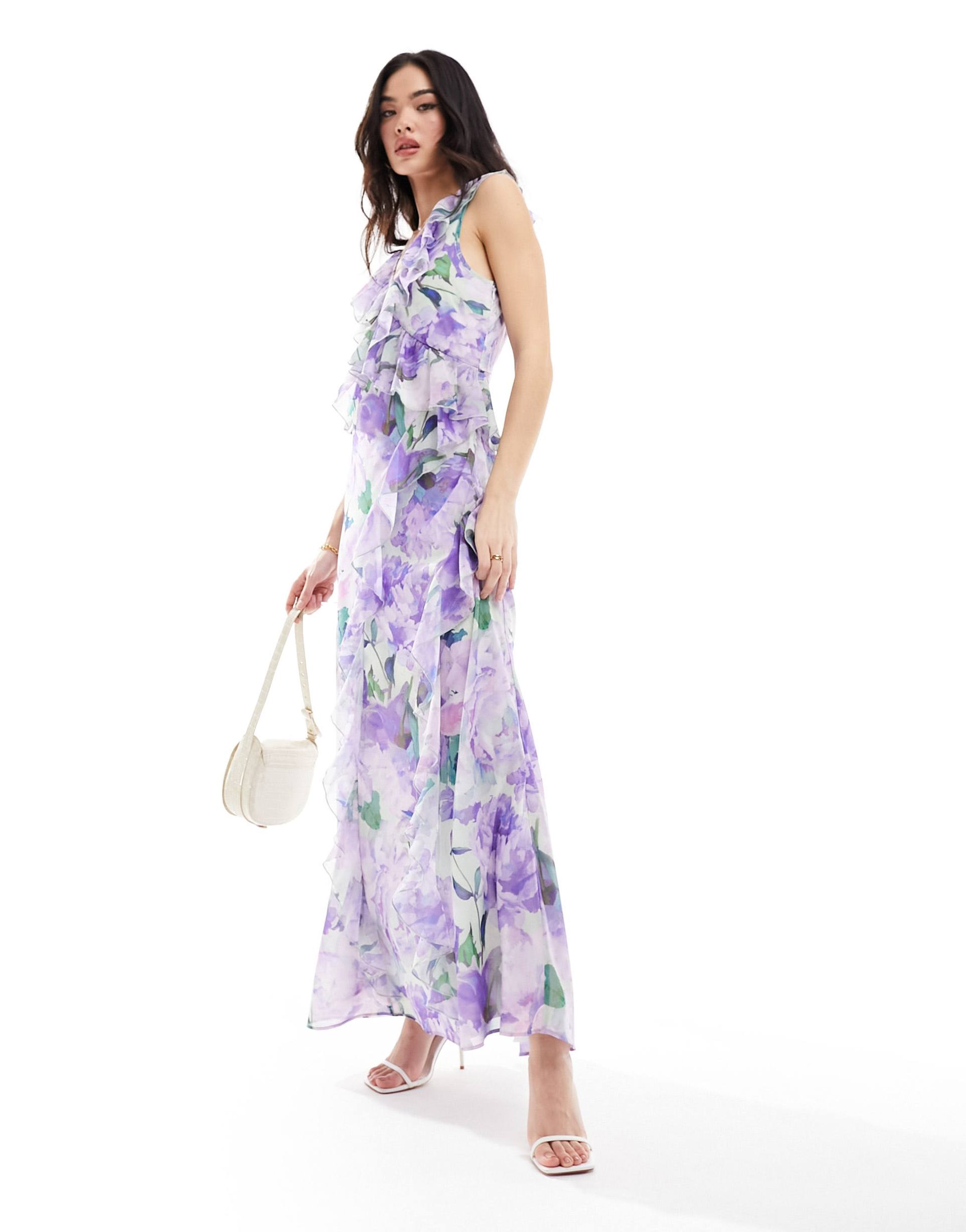 hope & ivy ruffle front maxi dress in lilac floral