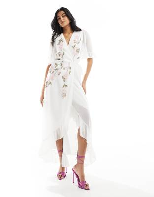 Hope & Ivy Ruffle Hem Embroidered Wrap Maxi Dress In White