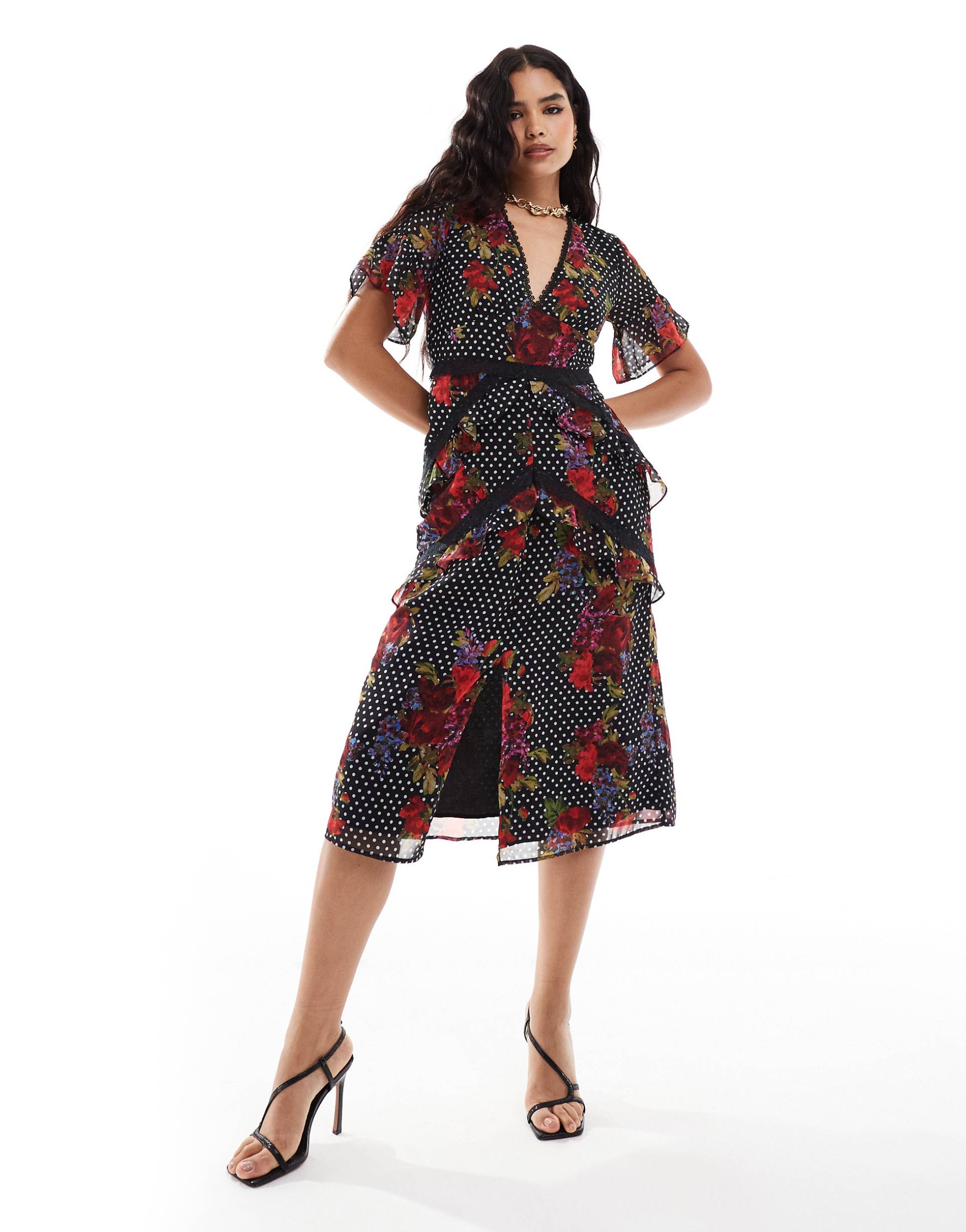 hope & ivy ruffle hem midi dress with lace trims in dark red floral