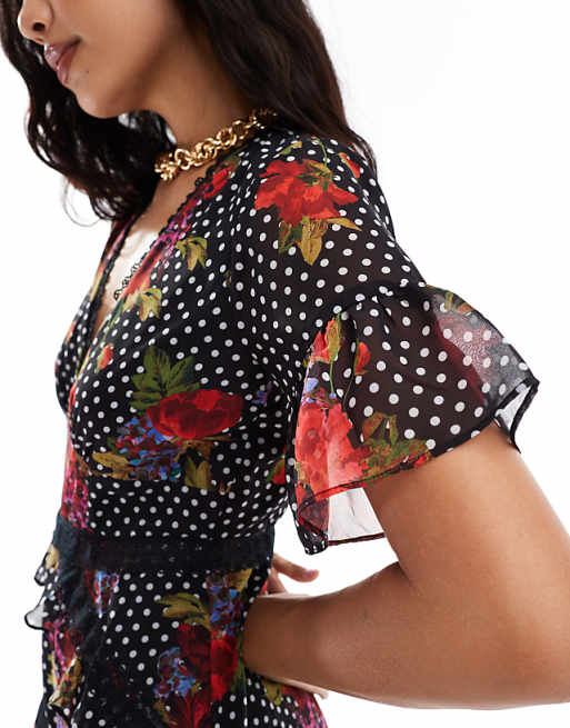 Lace Trim Ruffled Hem Polka Dot Dress Lace Trim Ruffled Hem Polka Dot Dress