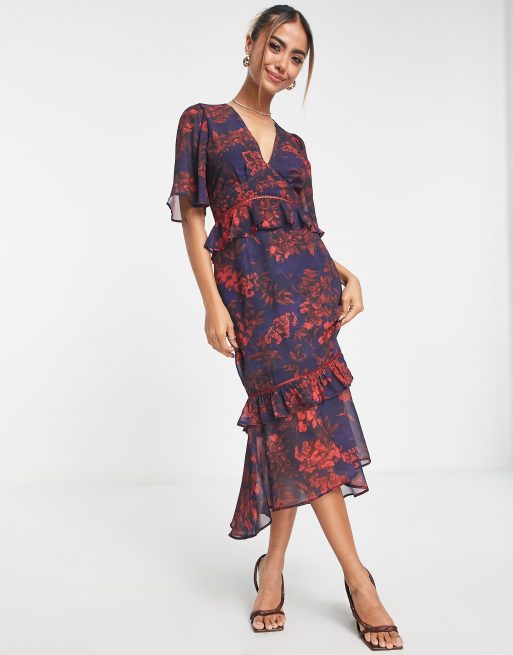 Navy dress red flowers sale