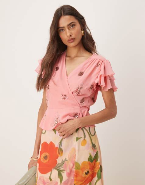 Hope & Ivy ruffle sleeve embellished wrap top in pink - part of a set - view 1