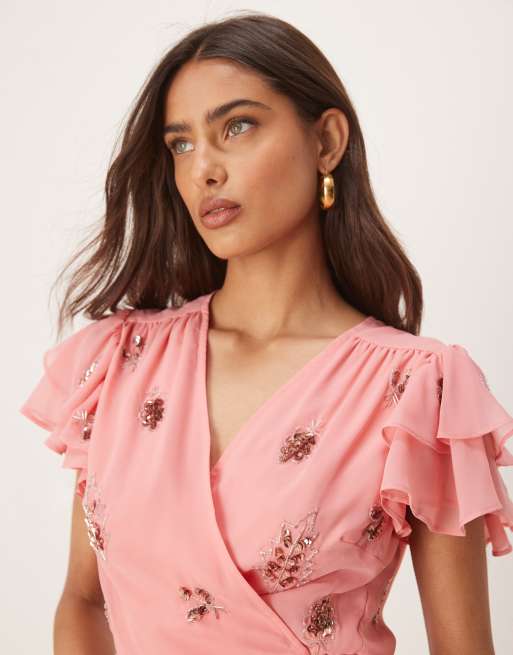 Hope & Ivy ruffle sleeve embellished wrap top in pink - part of a set, 2 of 4