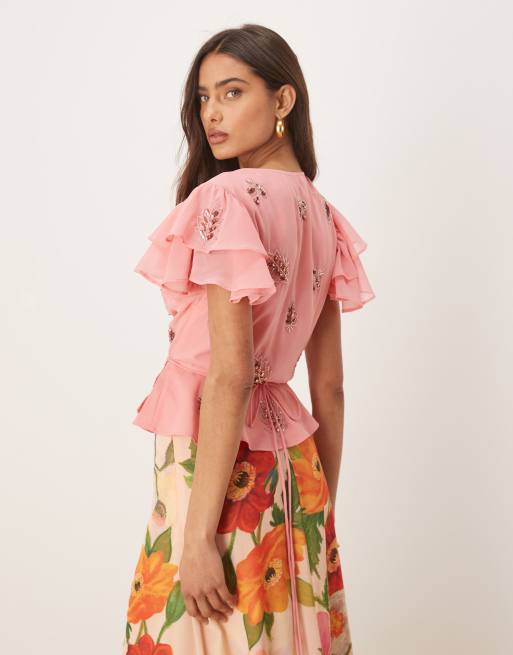 Hope & Ivy ruffle sleeve embellished wrap top in pink - part of a set, 3 of 4