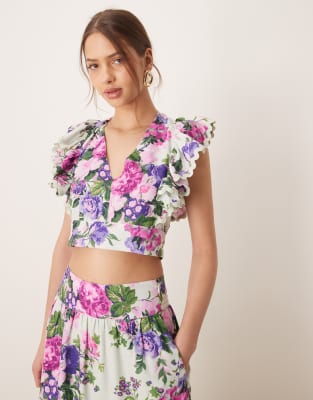Hope & Ivy Hope & Ivy ruffle sleeve tie back cropped top co-ord in multi floral-Purple