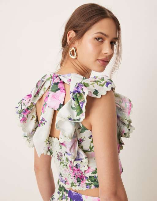 Hope & Ivy ruffle sleeve tie back cropped top in multi floral - part of a set, 2 of 4