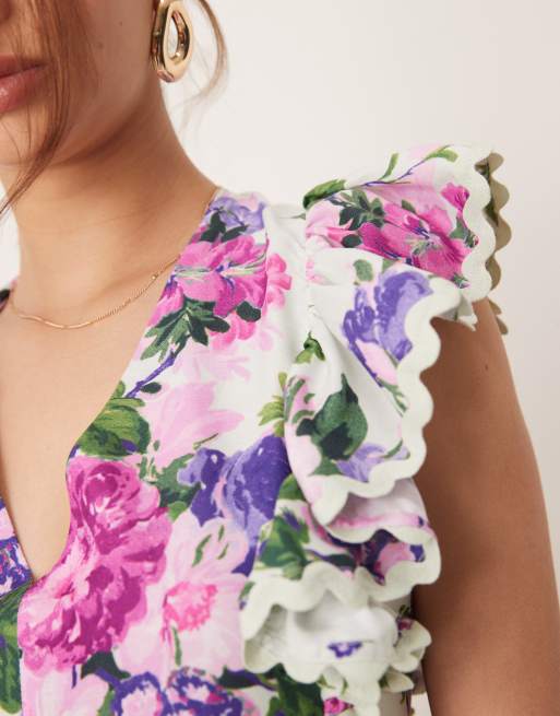Hope & Ivy ruffle sleeve tie back cropped top in multi floral - part of a set, 4 of 4