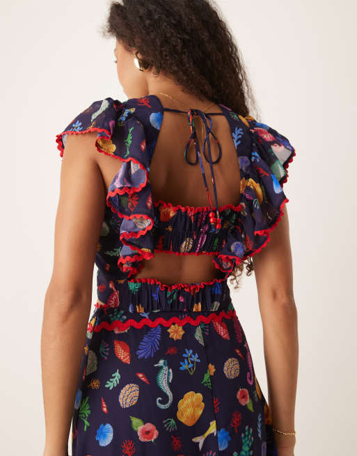 Hope & Ivy ruffle sleeve tie back cropped top in navy shell print (part of a set), 2 of 4