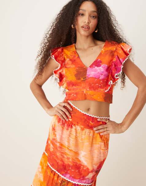 Hope & Ivy ruffle sleeve tie back cropped top in orange print (part of a set) - view 1