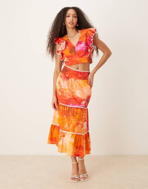 Hope & Ivy ruffle sleeve tie back cropped top in orange print - part of a set, 2 of 4