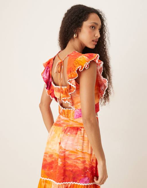 Hope & Ivy ruffle sleeve tie back cropped top in orange print - part of a set, 4 of 4