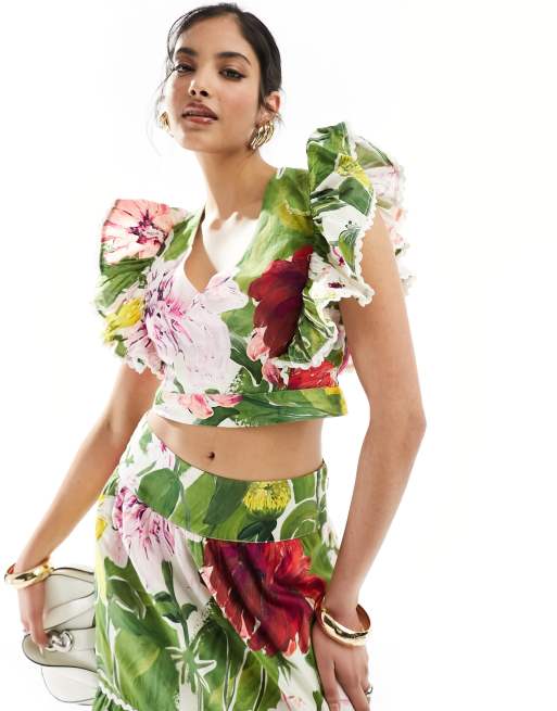 Hope & Ivy ruffle top in green floral (part of a set)