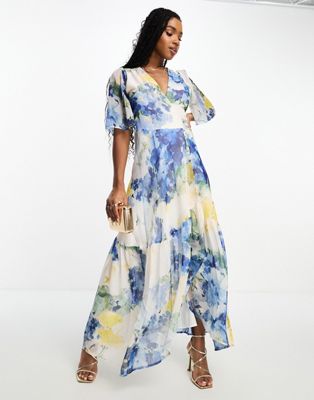 Hope & Ivy ruffle wrap maxi dress in blue floral print