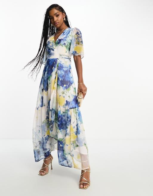 chinese dress ladies BAX Ruffle Maxi Wrap Dress in Navy Eden Floral Burnout  Christina's  Luxuries