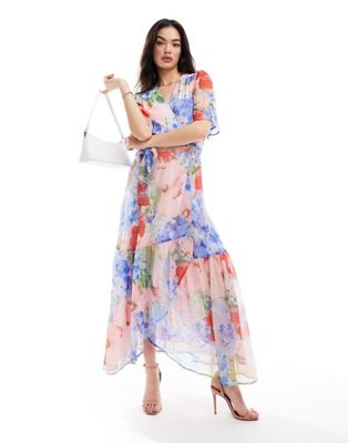 ruffle wrap maxi dress in blue & pink floral