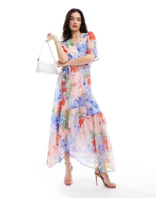 ruffle wrap maxi dress in blue & pink floral