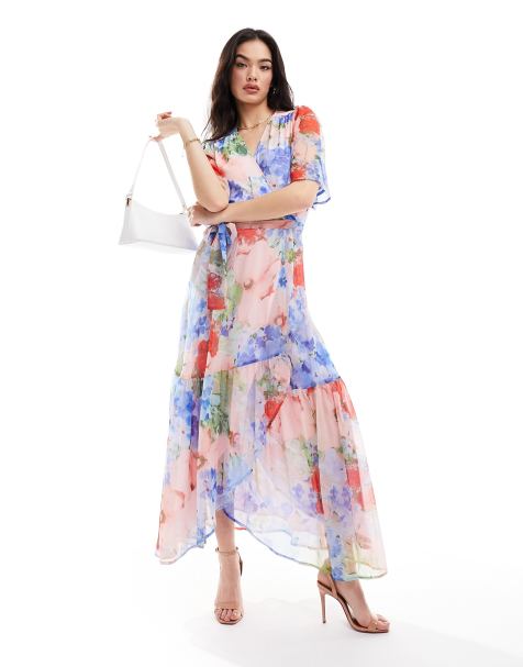 ASOS DESIGN frill detail wrap maxi satin dress in large bold floral print