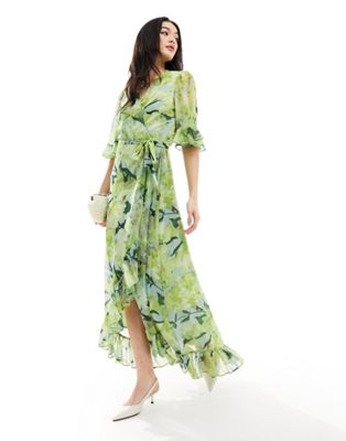 ruffle wrap maxi dress in green floral