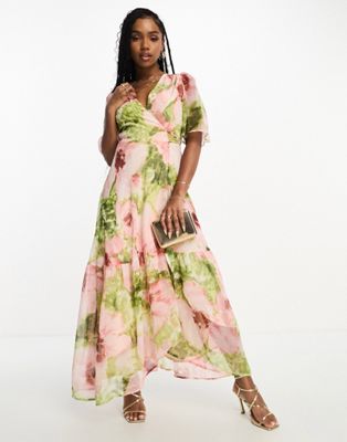 Hope & Ivy ruffle wrap maxi dress in pink floral print