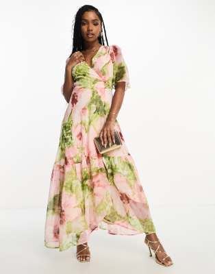 Hope & Ivy Ruffle Wrap Maxi Dress In Pink Floral Print-multi