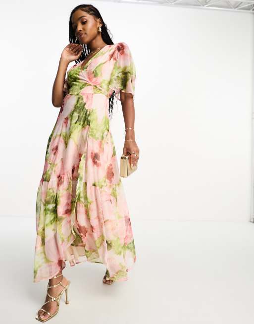 Asos design wrap maxi dress with frills in red floral print sale