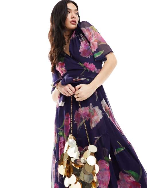 Navy and pink hot sale floral wrap dress