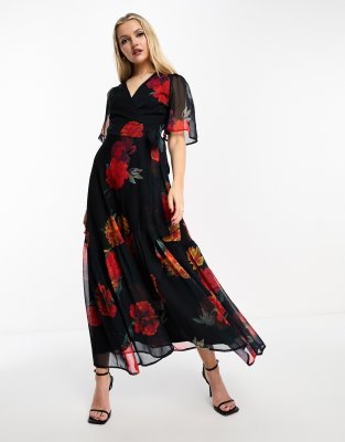 Hope & Ivy Ruffle Wrap Maxi Dress In Red Floral